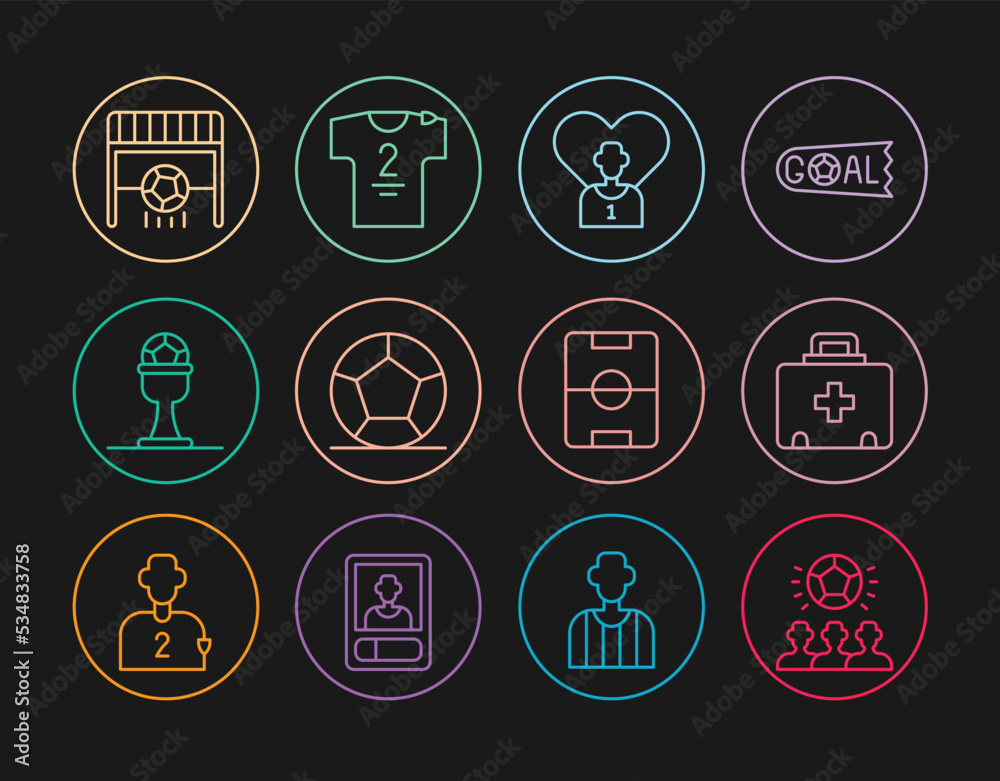 Set line Soccer football ball, First aid kit, Football or soccer player, Award cup and, goal with, field and jersey t-shirt icon. Vector