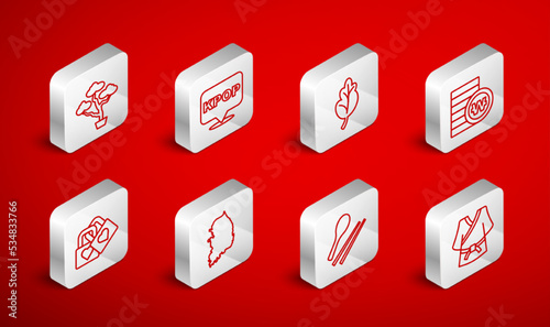 Set line Kimono, K-pop, Kimchi, South Korean won coin, Food chopsticks, Bonsai tree, map and Lock with heart icon. Vector
