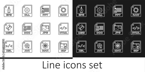 Set line GIF file document, HTML, PPT, DOC, MSG, EPS, JPG and DLL icon. Vector