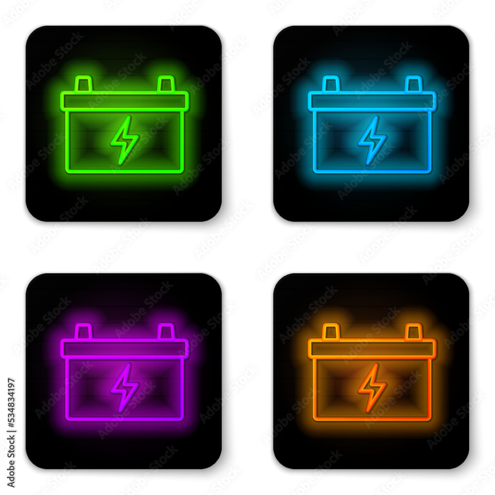Glowing neon line Car battery icon isolated on white background. Accumulator battery energy power and electricity accumulator battery. Black square button. Vector Glowing neon line Car battery icon isolated on white background. Accumulator battery energy power and electricity accumulator battery. Black square button. Vector