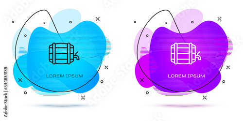 Line Wooden barrel on rack with stopcock icon isolated on white background. Abstract banner with liquid shapes. Vector