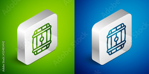 Isometric line Wooden barrel icon isolated on green and blue background. Alcohol barrel, drink container, wooden keg for beer, whiskey, wine. Silver square button. Vector
