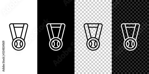 Set line Medal with baseball ball icon isolated on black and white, transparent background. Winner symbol. Vector