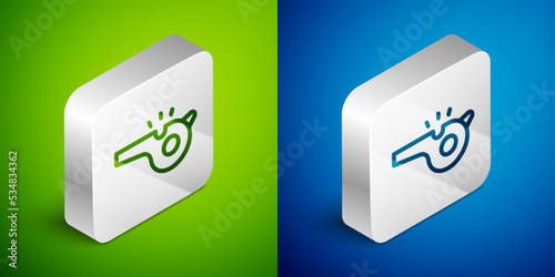 Isometric line Whistle icon isolated on green and blue background. Referee symbol. Fitness and sport sign. Silver square button. Vector