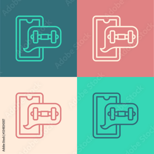 Pop art line Fitness app for sports icon isolated on color background. Healthcare mobile app concept. Online fitness or mobile trainer. Vector