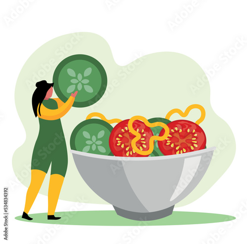 Woman making healthy salad on white background 