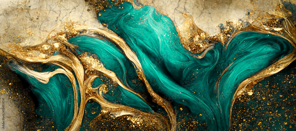 Fototapeta Spectacular realistic abstract backdrop of a whirlpool of teal and gold. Digital art 3D illustration. Mable with liquid texture like turbulent waves background.