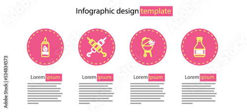 Set line Barbecue grill, Ketchup bottle, Grilled shish kebab and icon. Vector