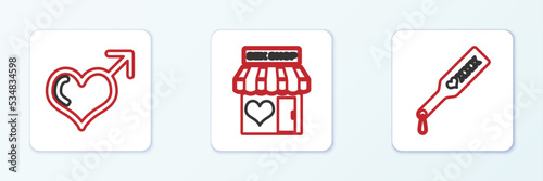 Set line Spanking paddle, Male gender and heart and Sex shop building icon. Vector