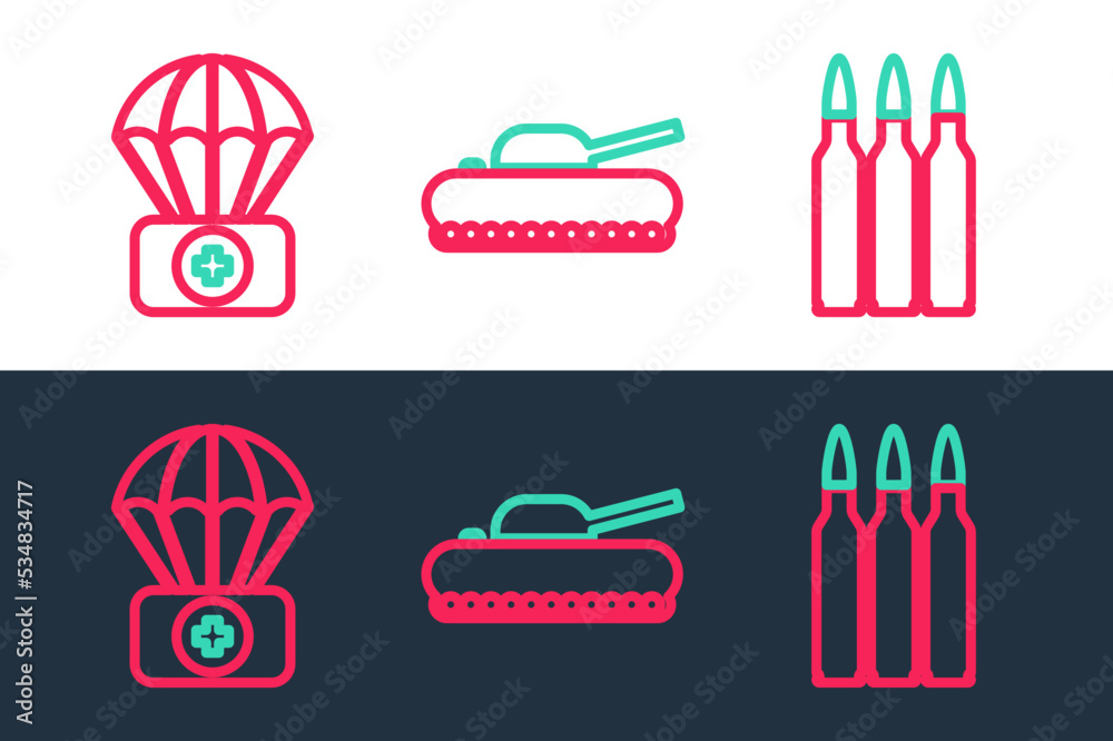 Set line Bullet, Parachute with first aid kit and Military tank icon. Vector Set line Bullet, Parachute with first aid kit and Military tank icon. Vector