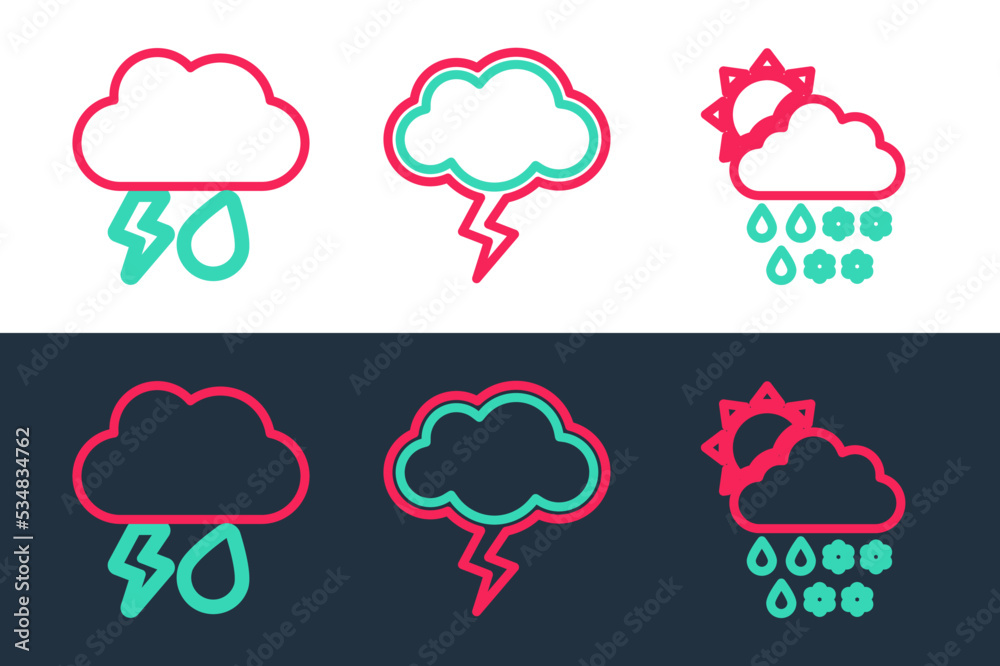 Set line Cloud with snow, rain, sun, and lightning and Storm icon. Vector Set line Cloud with snow, rain, sun, and lightning and Storm icon. Vector