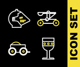 Set line Catapult shooting stones, Medieval goblet, Wooden four-wheel cart and iron helmet icon. Vector