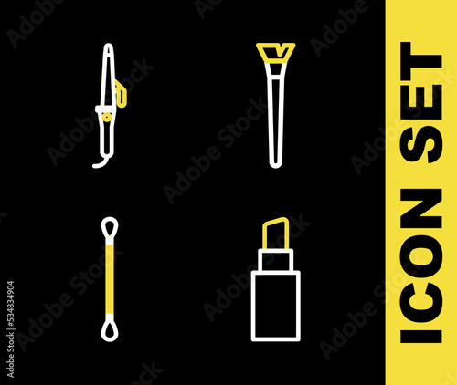 Set line Makeup brush, Lipstick, Cotton swab for ears and Curling iron icon. Vector