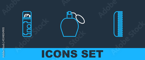 Set line Hairbrush, Shaving gel foam and Perfume icon. Vector