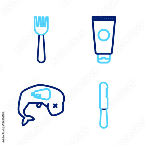 Set line Disposable plastic knife, Environment protection whale dead, Cream cosmetic tube and fork icon. Vector