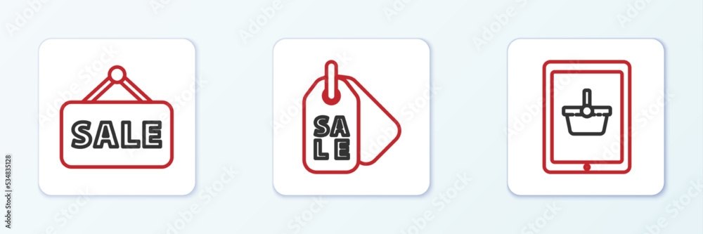 Set line Shopping basket on tablet, Hanging sign with Sale and Price tag icon. Vector Set line Shopping basket on tablet, Hanging sign with Sale and Price tag icon. Vector