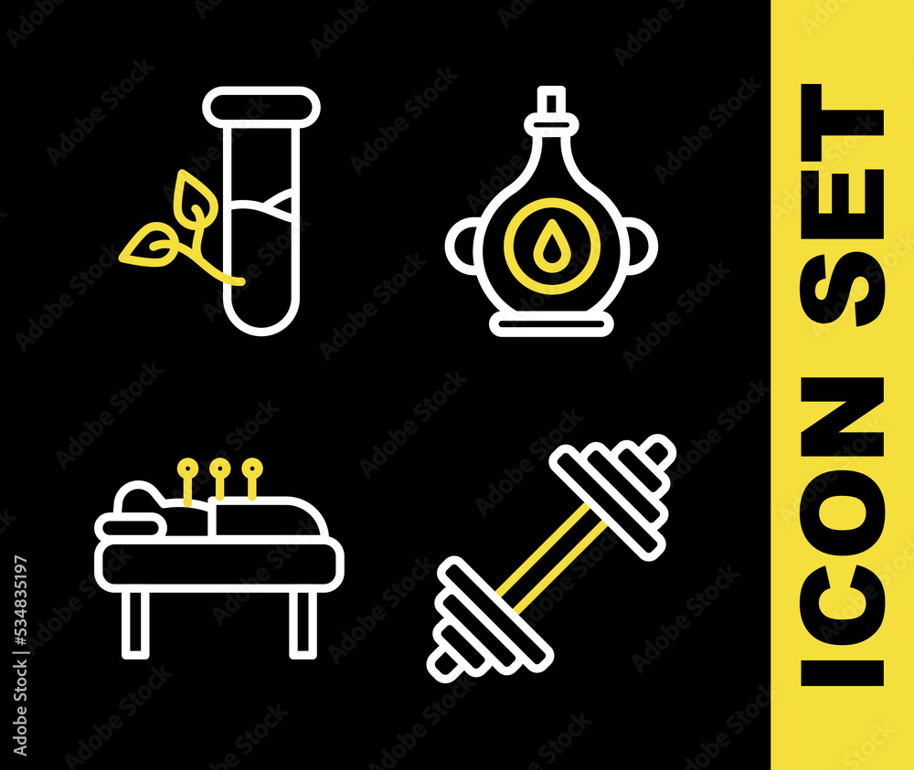 Set line Oil bottle, Dumbbell, Acupuncture therapy and Laboratory glass and leaves icon. Vector Set line Oil bottle, Dumbbell, Acupuncture therapy and Laboratory glass and leaves icon. Vector