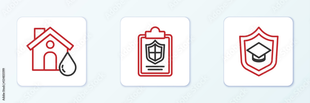 Set line Graduation cap with shield, House flood and Document icon. Vector Set line Graduation cap with shield, House flood and Document icon. Vector