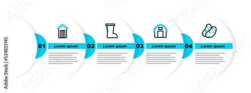 Set line Potato, Farm house, Waterproof rubber boot and Wooden outdoor toilet icon. Vector