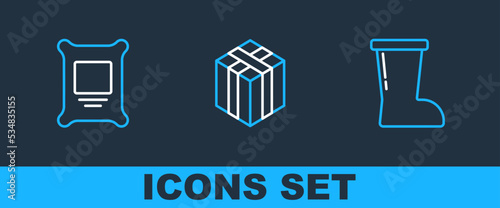 Set line Waterproof rubber boot, Fertilizer bag and Bale hay icon. Vector