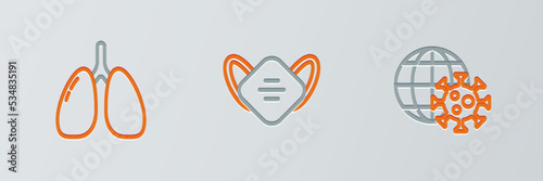 Set line Earth globe with virus, Lungs and Medical protective mask icon. Vector