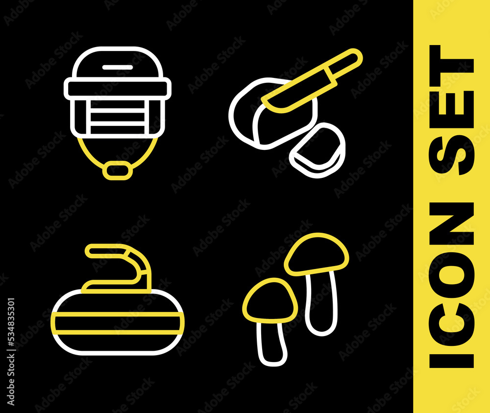 Set line Peameal bacon, Mushroom, Stone for curling and Hockey helmet icon. Vector Set line Peameal bacon, Mushroom, Stone for curling and Hockey helmet icon. Vector