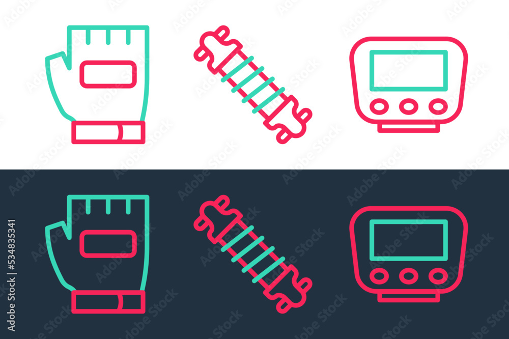 Fototapeta premium Set line Bicycle speedometer, Gloves and suspension icon. Vector