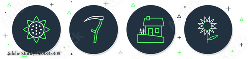 Set line Scythe, Ukrainian house, Sunflower and icon. Vector