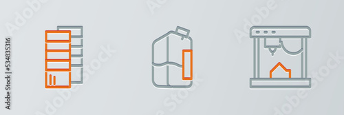 Set line 3D printer, Pantone and Printer ink bottle icon. Vector