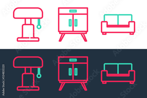 Set line Sofa, Table lamp and Chest drawers icon. Vector