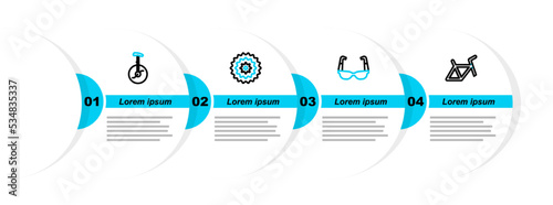 Set line Bicycle frame, Sport cycling sunglasses, cassette and Unicycle one wheel bicycle icon. Vector