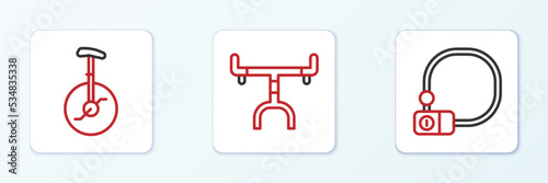 Set line Bicycle lock, Unicycle or one wheel bicycle and handlebar icon. Vector