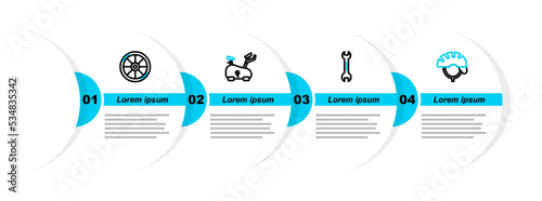 Set line Bicycle helmet, Wrench spanner, Stationary bicycle and wheel icon. Vector