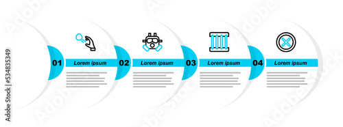 Set line X Mark, Cross in circle, Prison window, Gas mask and Hooligan shooting stones icon. Vector