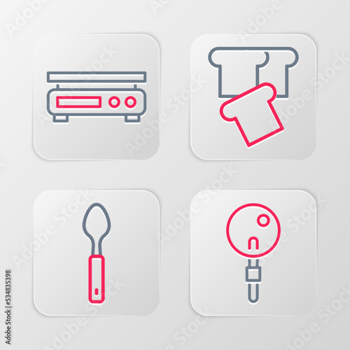 Set line Lollipop, Spoon, Bread toast and Electronic scales icon. Vector