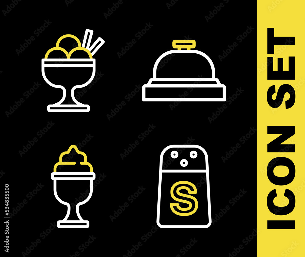 Set line Hotel service bell, Salt, Ice cream in bowl and icon. Vector Set line Hotel service bell, Salt, Ice cream in bowl and icon. Vector