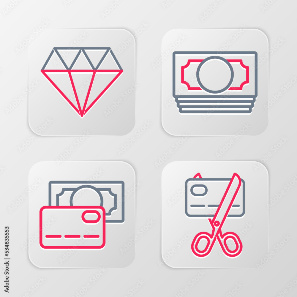Obraz premium Set line Scissors cutting a credit card, Credit, Stacks paper money cash and Diamond icon. Vector