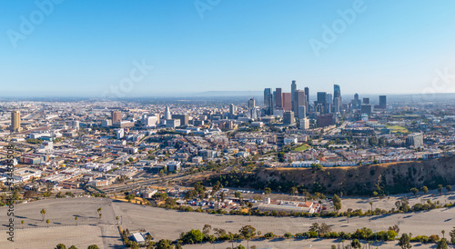 Aerial: panoramic view of Los Angeles skyscrapers. Drone view