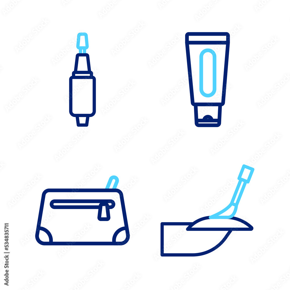 Set line Manicure, Cosmetic bag, Tube of hand cream and Milling cutter for manicure icon. Vector Set line Manicure, Cosmetic bag, Tube of hand cream and Milling cutter for manicure icon. Vector