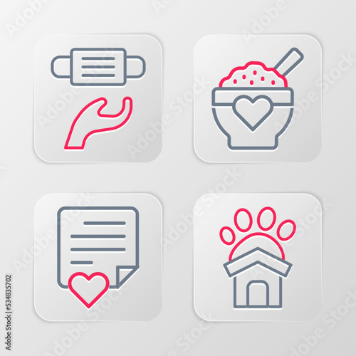 Set line Animal shelter house, Envelope with heart, Donation food and Medical protective mask icon. Vector