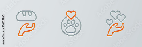 Set line Heart in hand, Donation food and with animals footprint icon. Vector