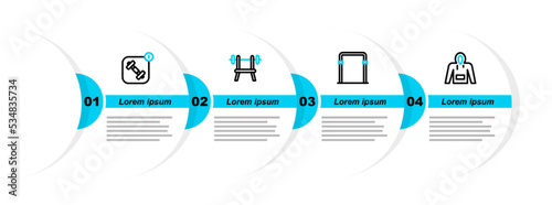 Set line Hoodie, Sport horizontal bar, Bench with barbell and Fitness app icon. Vector