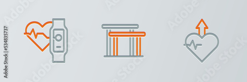 Set line Heartbeat increase, Smart watch with heart and Uneven bars icon. Vector