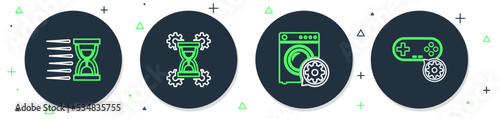 Set line Hourglass setting, Washer, Old hourglass with sand and Gamepad icon. Vector