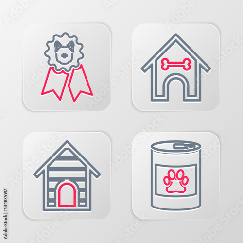 Set line Canned food, Dog house, and bone and award symbol icon. Vector