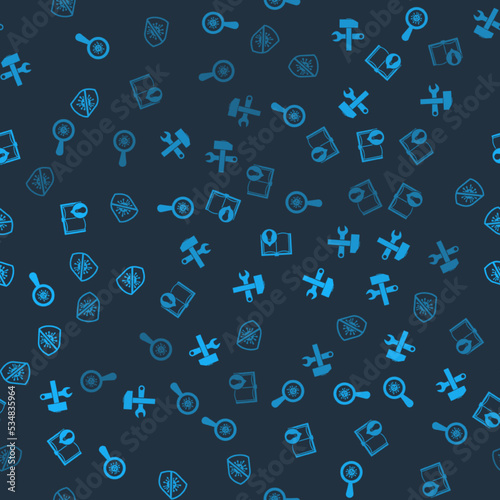 Set Microorganisms under magnifier, Crossed hammer and wrench, Interesting facts and Stop virus, bacteria on seamless pattern. Vector