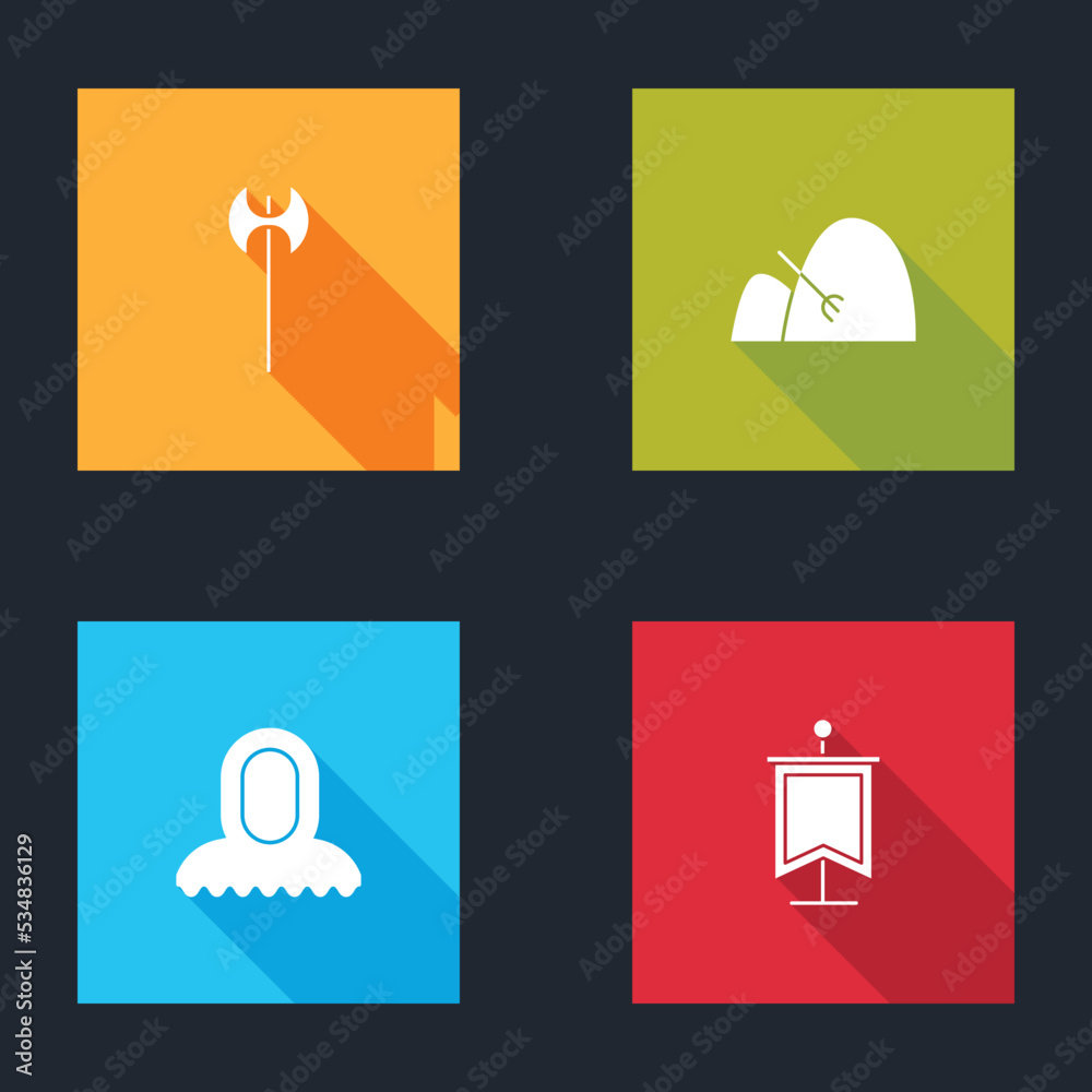 Set Medieval axe, Bale of hay and rake, hood and flag icon. Vector Set Medieval axe, Bale of hay and rake, hood and flag icon. Vector