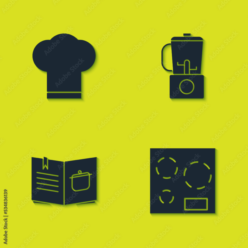 Set Chef hat, Electric stove, Cookbook and Blender icon. Vector Set Chef hat, Electric stove, Cookbook and Blender icon. Vector