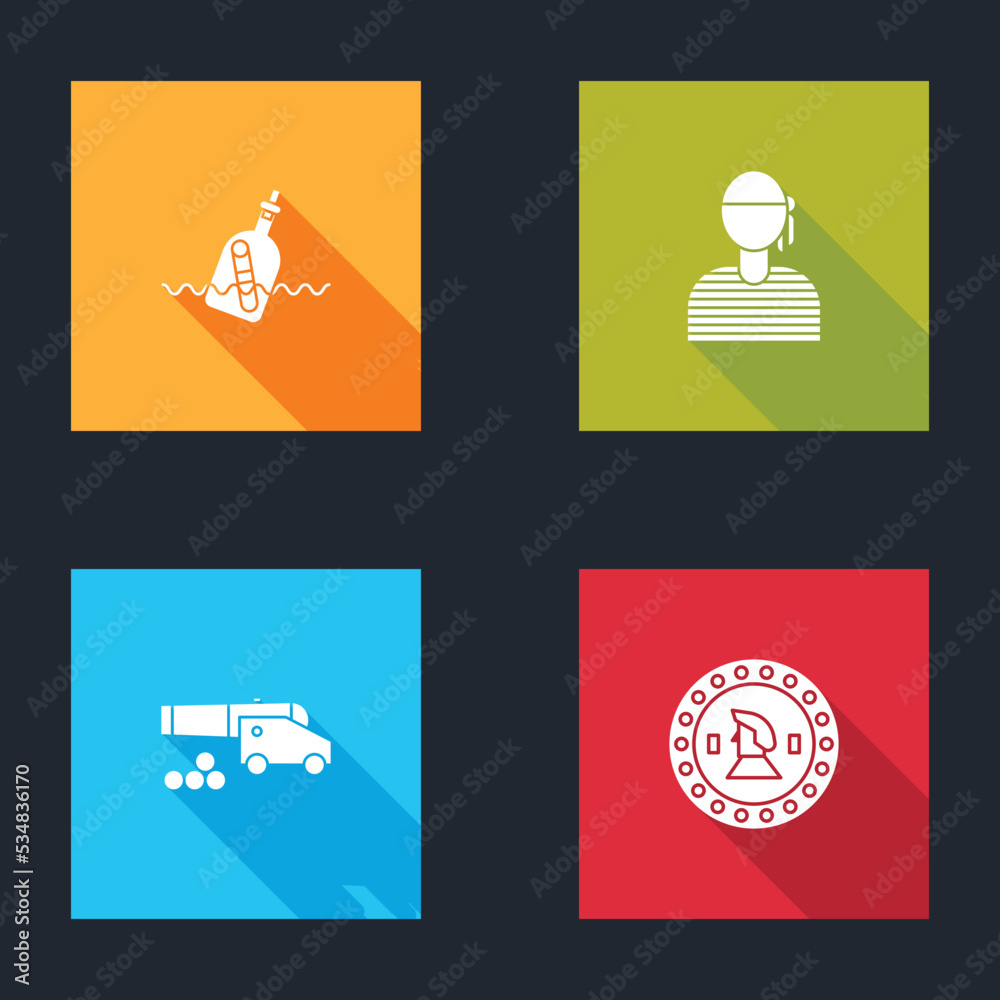 Set Bottle with message in water, Sailor captain, Cannon cannonballs and Pirate coin icon. Vector