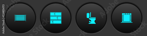 Set Chest of drawers, Shelf, Toilet bowl and Makeup mirror with lights icon. Vector